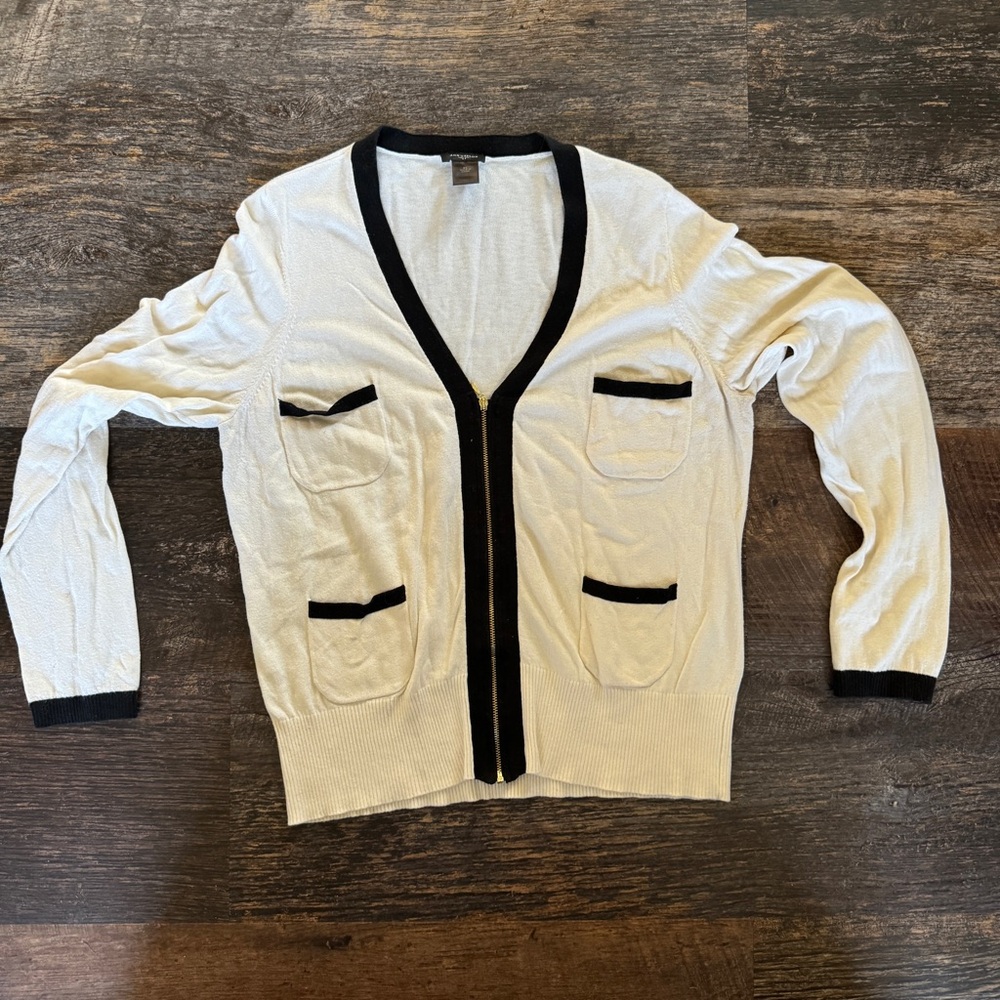 Ann Taylor | Women's Black White Cardigan | Four Pockets | Classic Minimalist XL